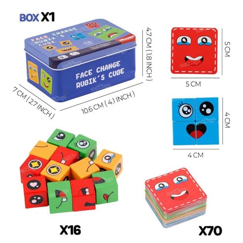 Face Change Cube Game - Wooden Expressions Matching Puzzle, Rubik's Cube (16 Blocks, 72 Cards) with Tin Box | Safe & Non-Toxic, Eco-Friendly | Fun Educational Toy for Kids