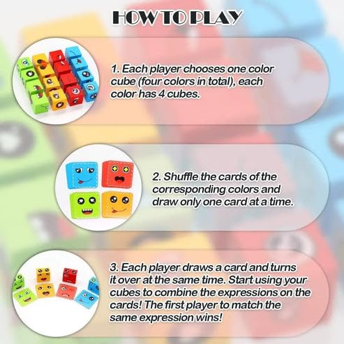 Face Change Cube Game - Wooden Expressions Matching Puzzle, Rubik's Cube (16 Blocks, 72 Cards) with Tin Box | Safe & Non-Toxic, Eco-Friendly | Fun Educational Toy for Kids