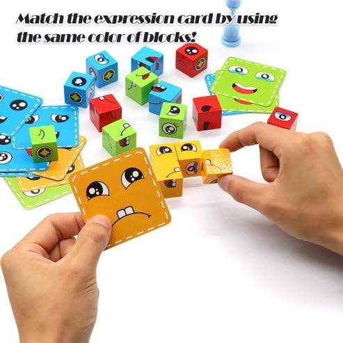 Face Change Cube Game - Wooden Expressions Matching Puzzle, Rubik's Cube (16 Blocks, 72 Cards) with Tin Box | Safe & Non-Toxic, Eco-Friendly | Fun Educational Toy for Kids