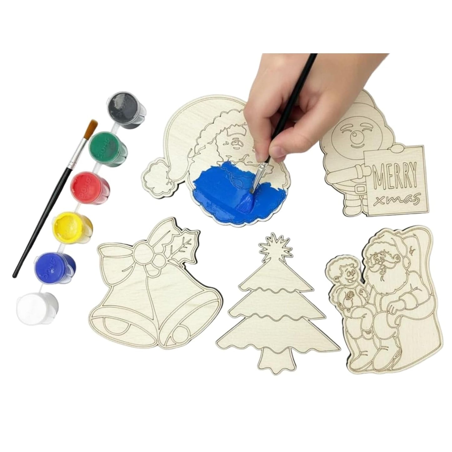 DIY Christmas Painting Kit (5 Wooden cutout + 6 Colors + Brush) | Kids Festive Art & Craft Set | ...