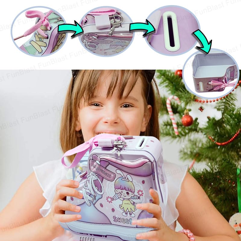 Shoes Shaped Coin Box, Money Saving Metal Coin Bank with Key and Lock for Kids, Money Bank for Kids, Return Gift for Kids (Sweet)