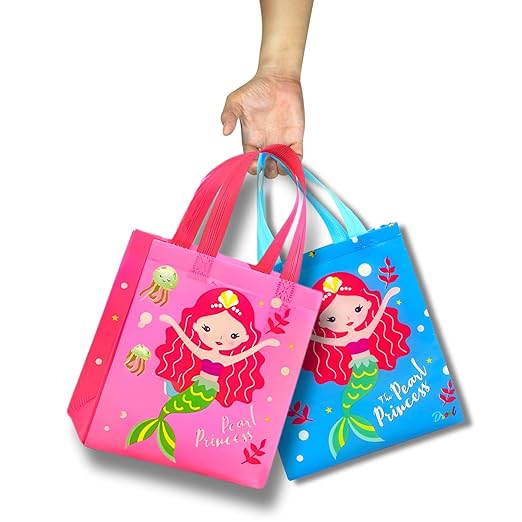 Mermaid Theme Return Gift Bags (Pack of 10) - Reusable Canvas Goodie Bags for Kids Birthday, Sturdy Multi-Purpose Gift Bags for Girl Theme, Perfect Party Favor Gifts and Treat Bags