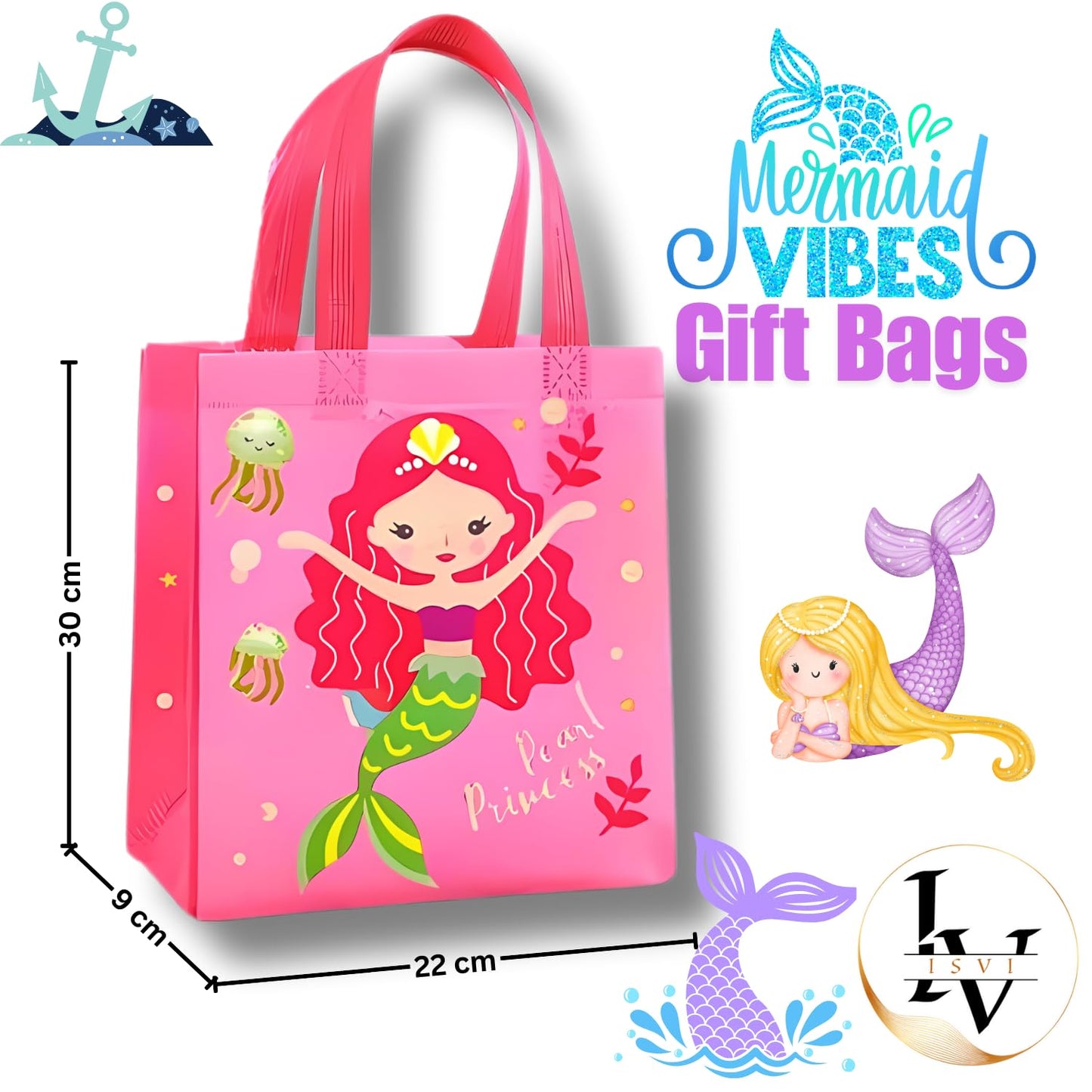 Mermaid Theme Return Gift Bags (Pack of 10) - Reusable Canvas Goodie Bags for Kids Birthday, Sturdy Multi-Purpose Gift Bags for Girl Theme, Perfect Party Favor Gifts and Treat Bags