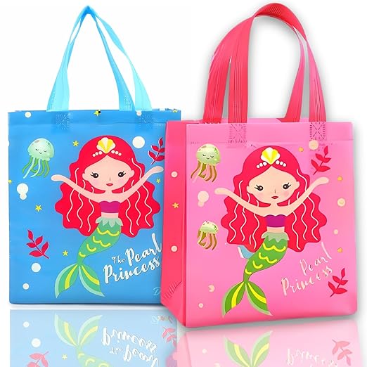 Mermaid Theme Return Gift Bags (Pack of 10) - Reusable Canvas Goodie Bags for Kids Birthday, Sturdy Multi-Purpose Gift Bags for Girl Theme, Perfect Party Favor Gifts and Treat Bags