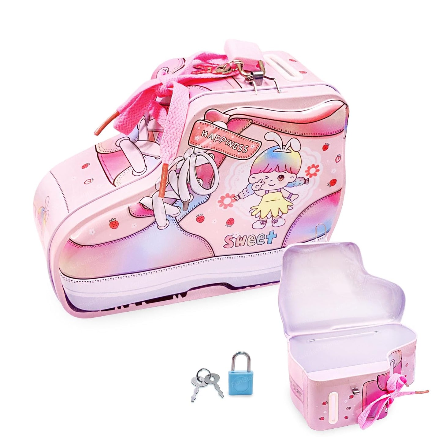 Shoes Shaped Coin Box, Money Saving Metal Coin Bank with Key and Lock for Kids, Money Bank for Kids, Return Gift for Kids (Sweet)