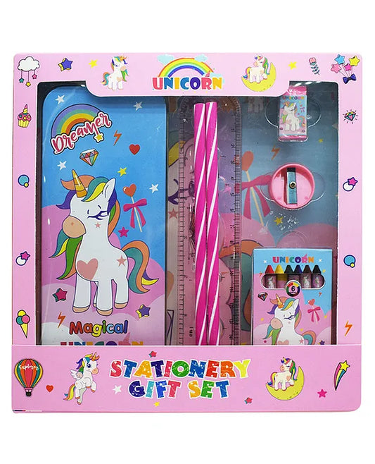Stationery Gift Set with Pencil Box, Pencils, Eraser & Sharpener & Crayons Perfect for Students & Creative Minds Birthday Return Gifts (Unicorn 1 Pc)