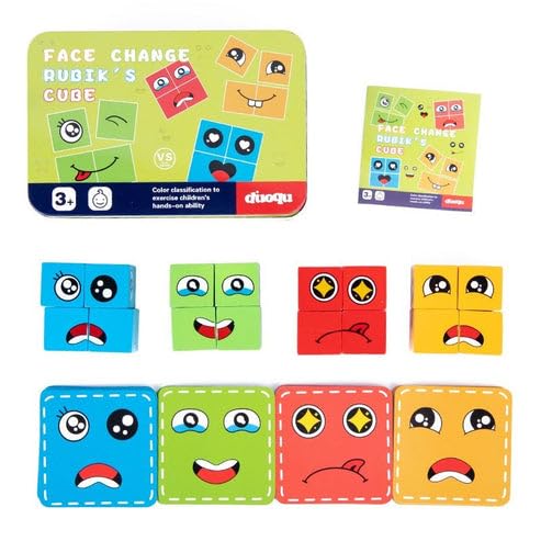 Face Change Cube Game - Wooden Expressions Matching Puzzle, Rubik's Cube (16 Blocks, 72 Cards) with Tin Box | Safe & Non-Toxic, Eco-Friendly | Fun Educational Toy for Kids