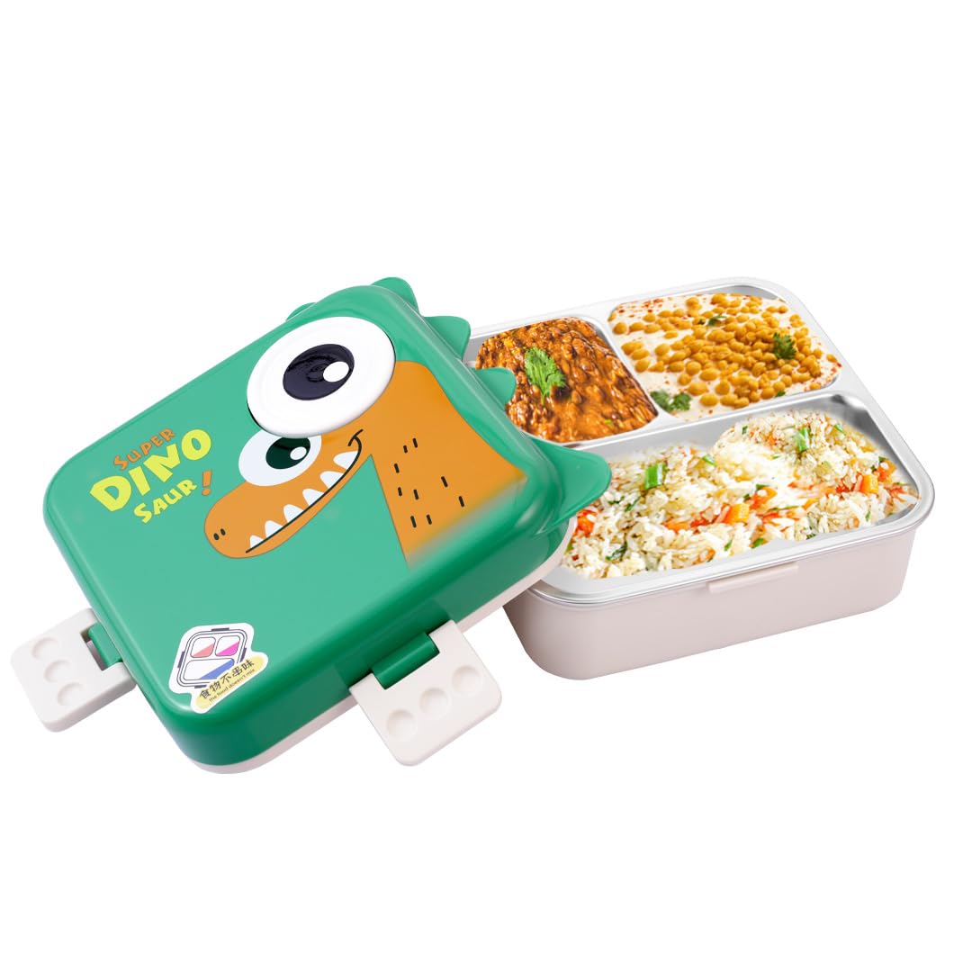 Super Dino Lunch Box 2 Layer Stainless Steel Lunch Box Comes with 1 Detachable Tray, 1 Small Container & 1 Spoon Ideal for Kids BPA Free...