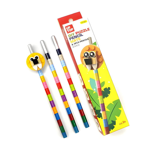 1 BLOCK SET & 3PCS OF PENCIL Lion DIY Lego Puzzle Pencil Mate for kids Pencil Set for kids Birthday Return Gifts School Stationery Set For boys|Girls (Pack of 3, Multicolor)