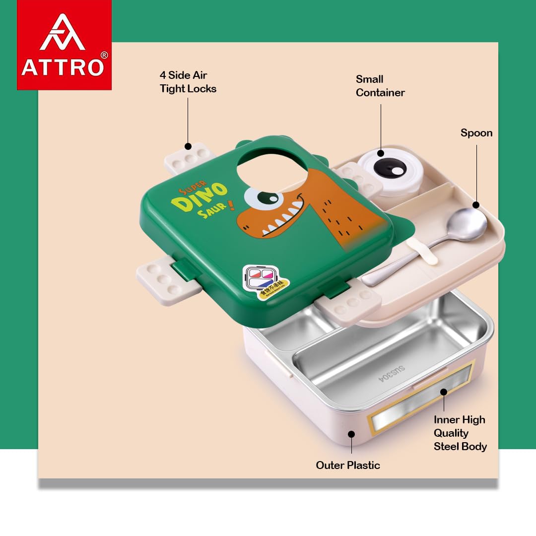 Super Dino Lunch Box 2 Layer Stainless Steel Lunch Box Comes with 1 Detachable Tray, 1 Small Container & 1 Spoon Ideal for Kids BPA Free...