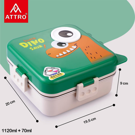 Super Dino Lunch Box 2 Layer Stainless Steel Lunch Box Comes with 1 Detachable Tray, 1 Small Container & 1 Spoon Ideal for Kids BPA Free...