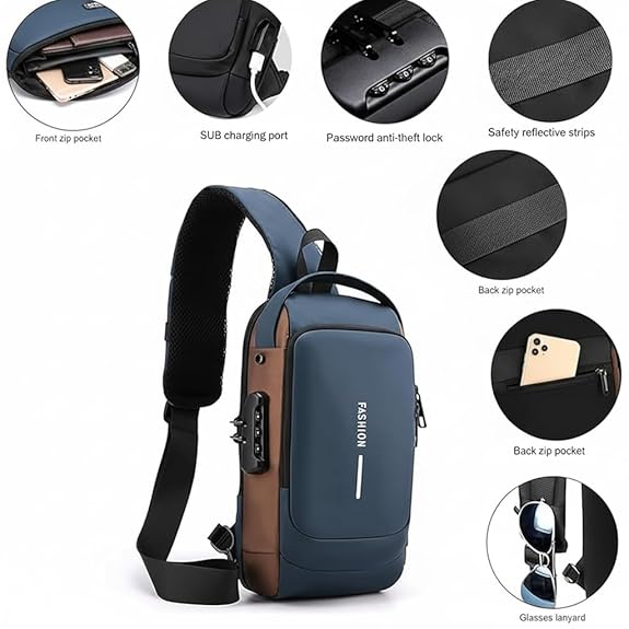 Waterproof Polyester Sling Bag for Men & Women Anti-Theft Crossbody Chest Backpack with USB Charging Port Lightweight Shoulder Travel Bag PACK for Hiking, Work, Gym & Outdoor Use.