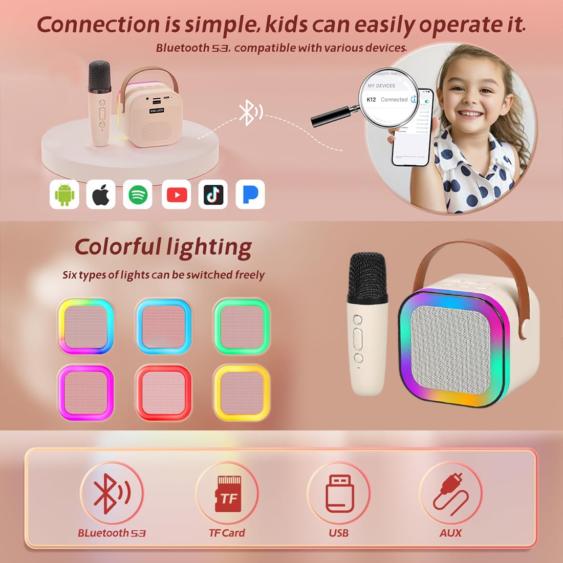 Karaoke with Speaker Bluetooth Mic Kids Singing Dynamic Lights | USB-C Rechargeable Wireless Portable | Home Outdoor Travel Ages 3 4 5 6 7 8 9+ Girl Boy Kids Toddler (Multicolor)
