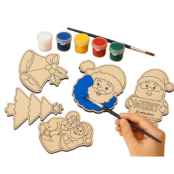 DIY Christmas Painting  Kit (5 Wooden cutout + 6 Colors + Brush) | Kids Festive Art & Craft Set | ...