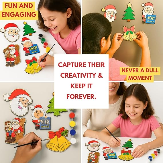 DIY Christmas Painting  Kit (5 Wooden cutout + 6 Colors + Brush) | Kids Festive Art & Craft Set | ...