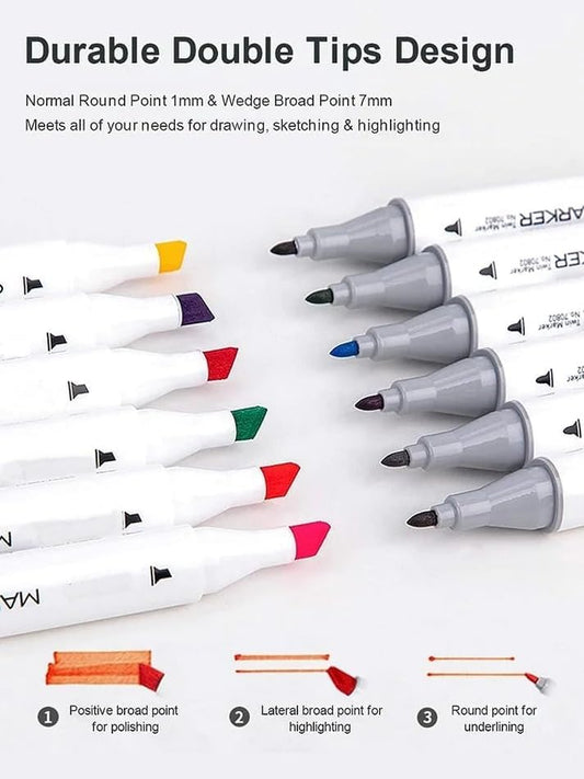 12 Colours Dual Tip White Art Markers with Sturdy Carrying Case Chisel & Fine Tip Marker Pens for Kids Adult Beginners Art Class Alcohol Markers for Painting Sketching Drawing Colouring