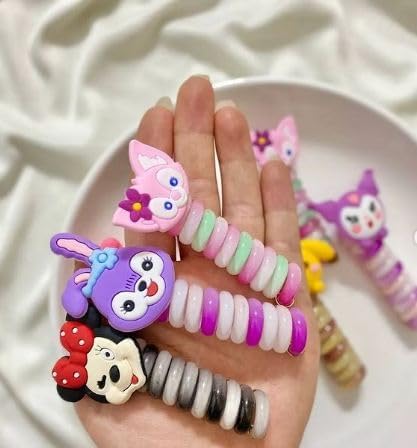 Rainbow Color Telephone Wire Rubber Bands for Girls Kids Braided Spiral Hair Ties Cute Cartoon Characters Multi Pattern Ponytail Maker Elastic Hair Accessories for Girls.