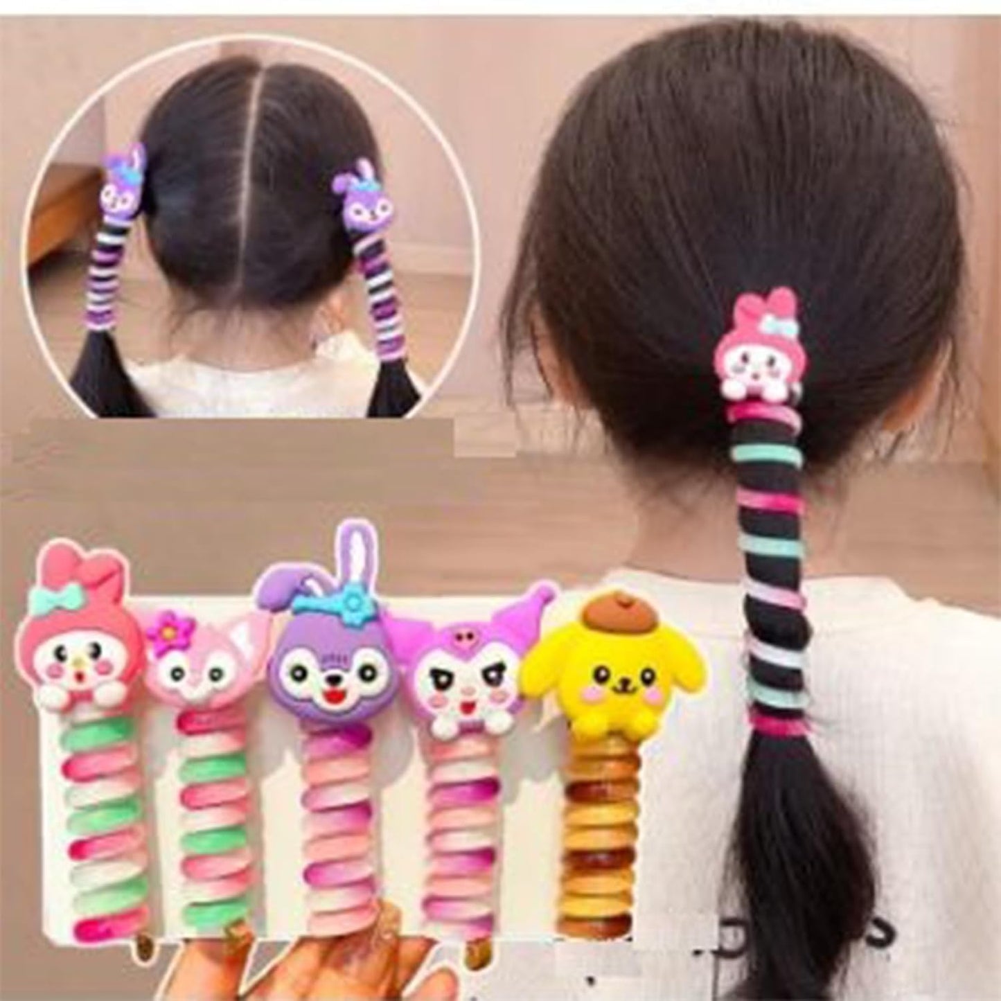 Rainbow Color Telephone Wire Rubber Bands for Girls Kids Braided Spiral Hair Ties Cute Cartoon Characters Multi Pattern Ponytail Maker Elastic Hair Accessories for Girls.